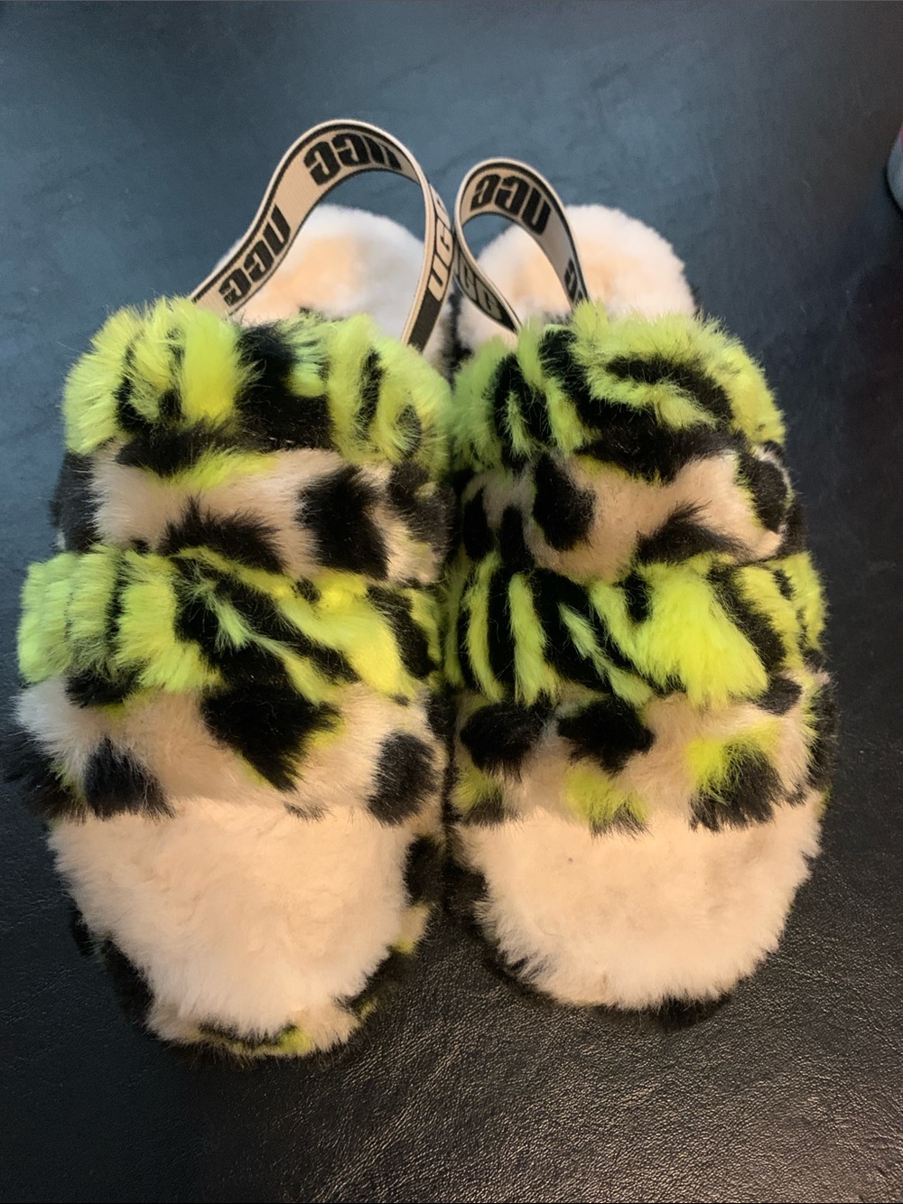 UGG Neon Green Black and Cream Leopard Faux-Fur Slide Sandals, Sz 4, GUC
